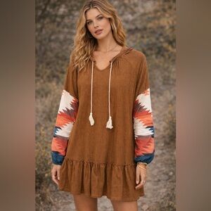 D73. Boho Brown Dress with Colorful Sleeves